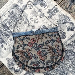 *SOLD* Antique tapestry purse repoussé pictorial double-hinged 800 silver frame